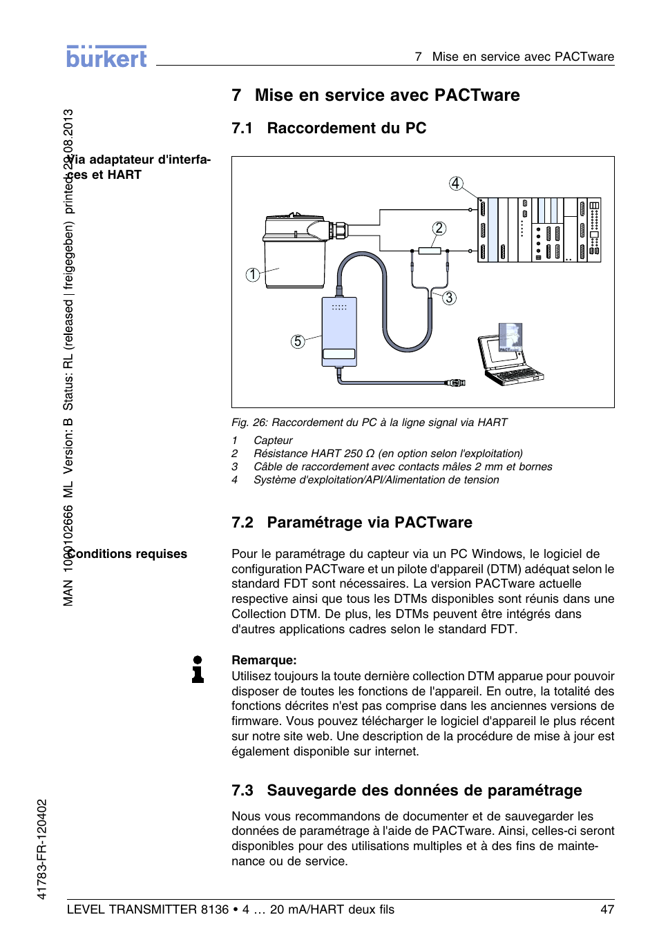 7 mise en service avec pactware, 1 raccordement du pc, 2 paramétrage via pactware | 3 sauvegarde des données de paramétrage, 7mise en service avec pactware | Burkert Type 8136 User Manual | Page 199 / 232