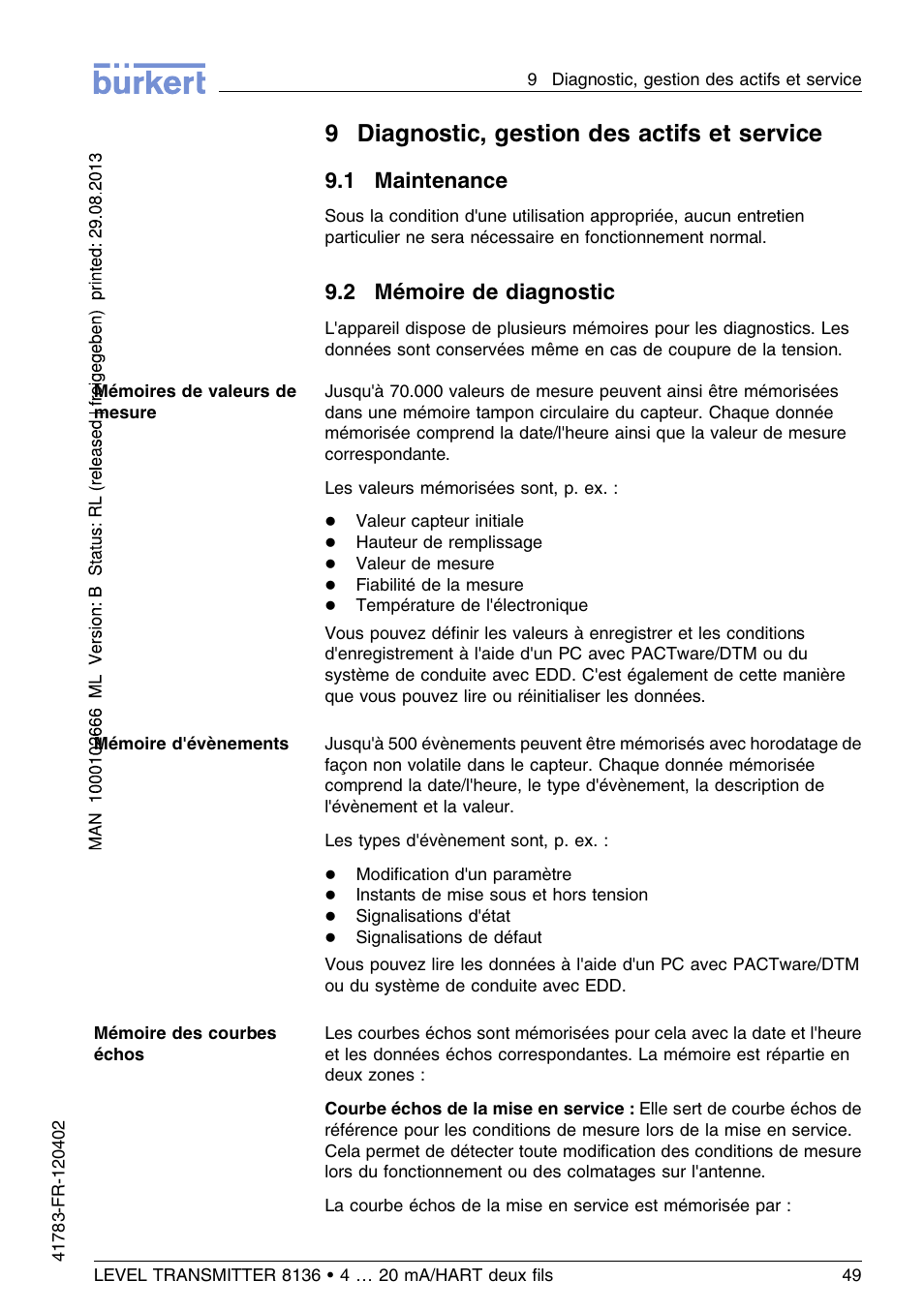 9 diagnostic, gestion des actifs et service, 1 maintenance, 2 mémoire de diagnostic | 9diagnostic, gestion des actifs et service | Burkert Type 8136 User Manual | Page 201 / 232