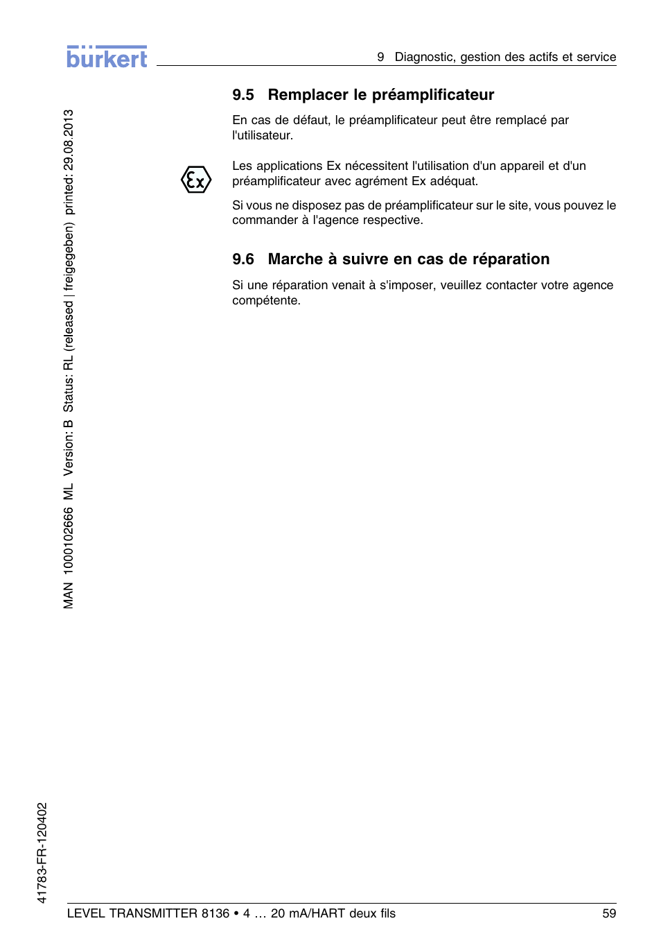 5 remplacer le préamplificateur, 6 marche à suivre en cas de réparation | Burkert Type 8136 User Manual | Page 211 / 232