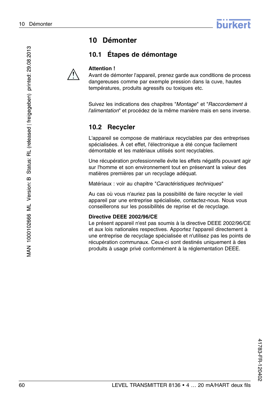 10 démonter, 1 étapes de démontage, 2 recycler | Burkert Type 8136 User Manual | Page 212 / 232