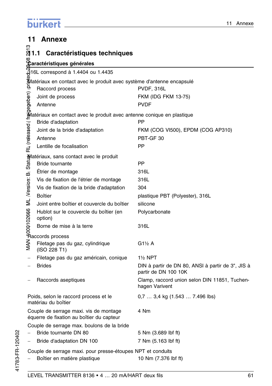 11 annexe, 1 caractéristiques techniques, 11 .1 caractéristiques techniques | Burkert Type 8136 User Manual | Page 213 / 232