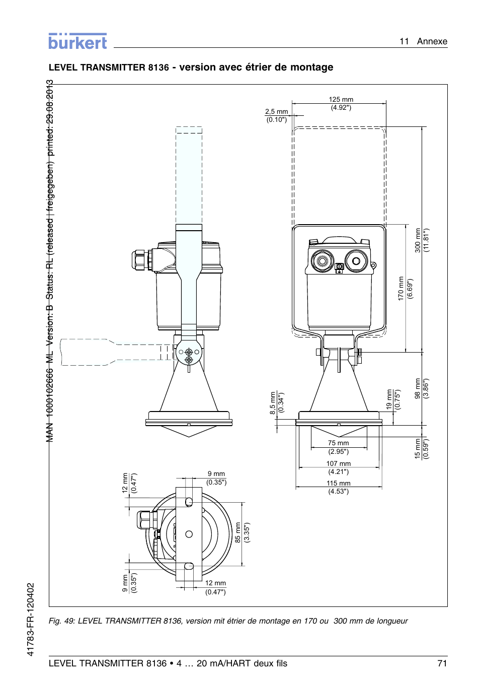 Version avec étrier de montage, Level transmitter 8136 | Burkert Type 8136 User Manual | Page 223 / 232