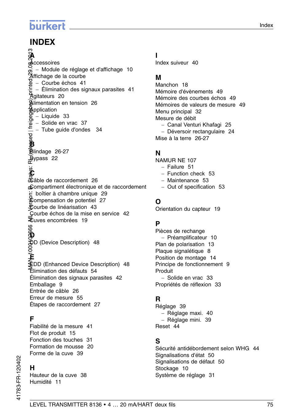 Index | Burkert Type 8136 User Manual | Page 227 / 232