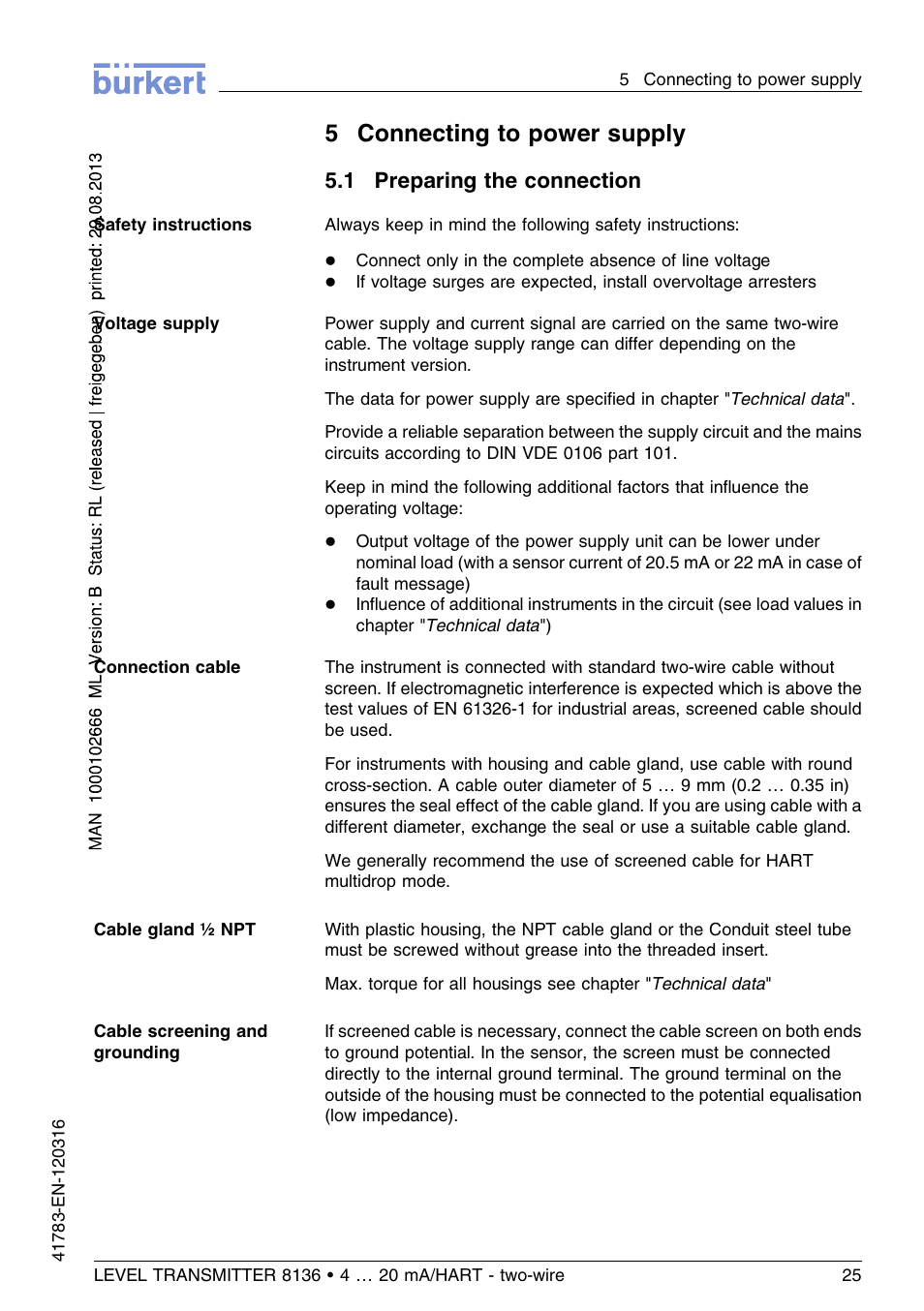 5 connecting to power supply, 1 preparing the connection, 5connecting to power supply | Burkert Type 8136 User Manual | Page 25 / 232