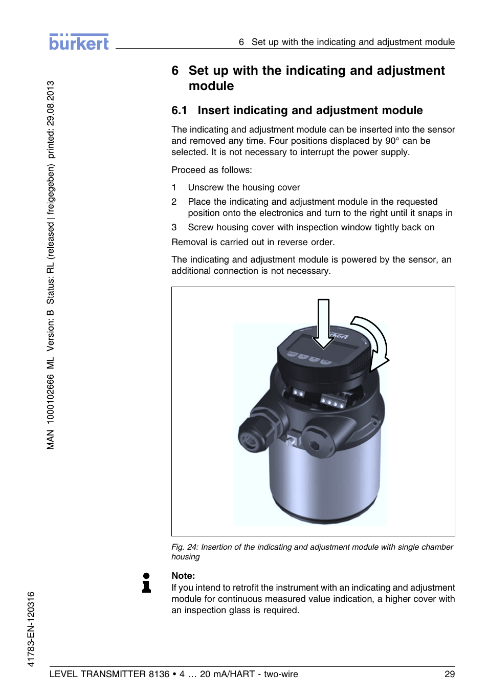 6 set up with the indicating and adjustment module, 1 insert indicating and adjustment module, 6set up with the indicating and adjustment module | Burkert Type 8136 User Manual | Page 29 / 232