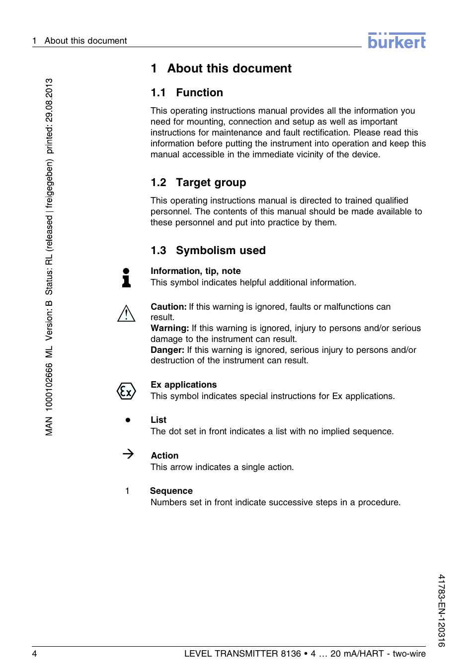 1 about this document, 1 function, 2 target group | 3 symbolism used, 1about this document | Burkert Type 8136 User Manual | Page 4 / 232
