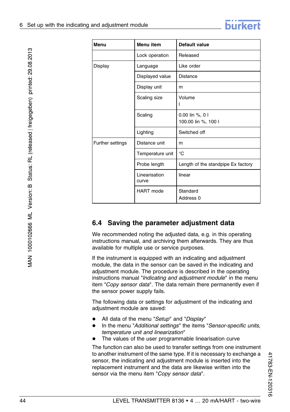 4 saving the parameter adjustment data | Burkert Type 8136 User Manual | Page 44 / 232