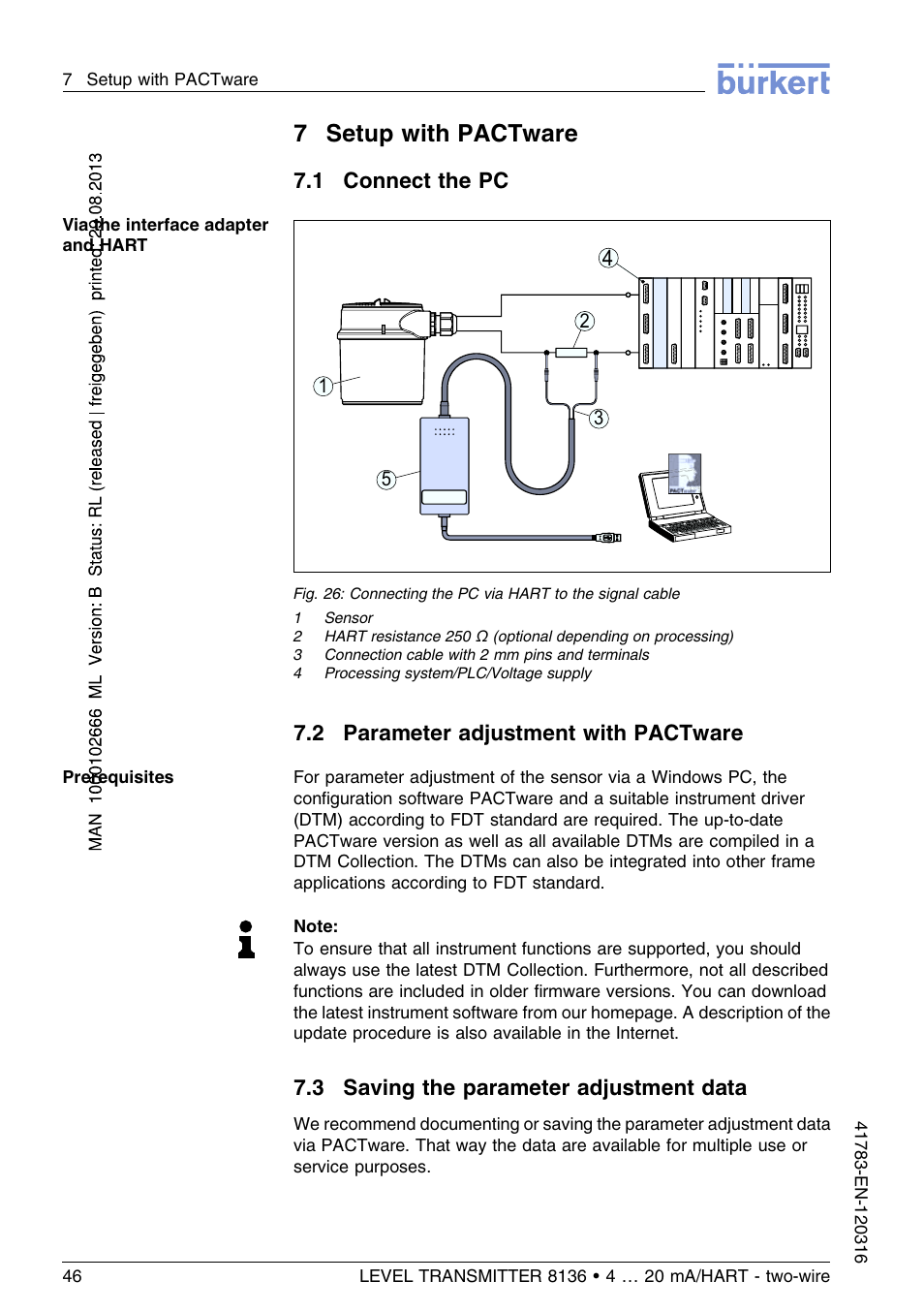 7 setup with pactware, 1 connect the pc, 2 parameter adjustment with pactware | 3 saving the parameter adjustment data, 7setup with pactware | Burkert Type 8136 User Manual | Page 46 / 232
