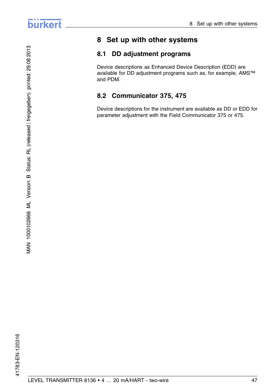 8 set up with other systems, 1 dd adjustment programs, 2 communicator 375, 475 | 8set up with other systems | Burkert Type 8136 User Manual | Page 47 / 232