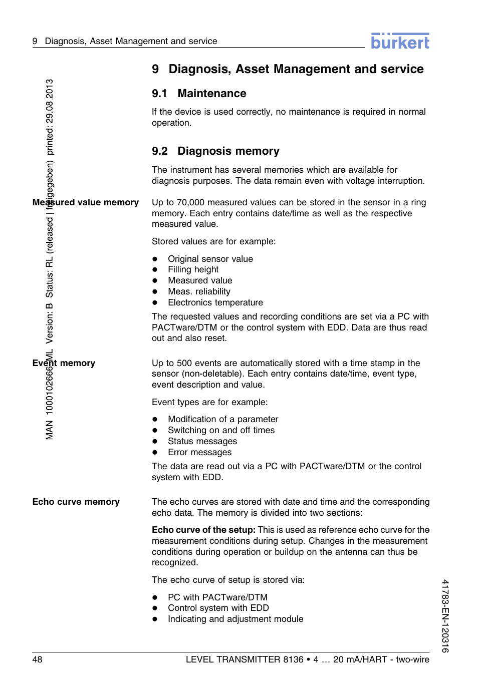 9 diagnosis, asset management and service, 1 maintenance, 2 diagnosis memory | 9diagnosis, asset management and service | Burkert Type 8136 User Manual | Page 48 / 232