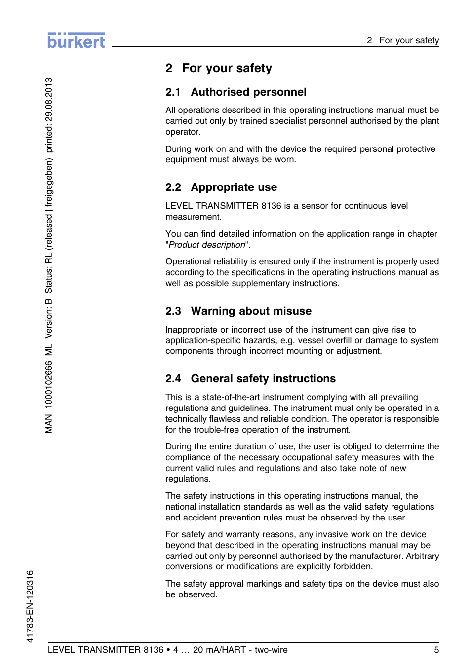 2 for your safety, 1 authorised personnel, 2 appropriate use | 4 general safety instructions, 2for your safety | Burkert Type 8136 User Manual | Page 5 / 232