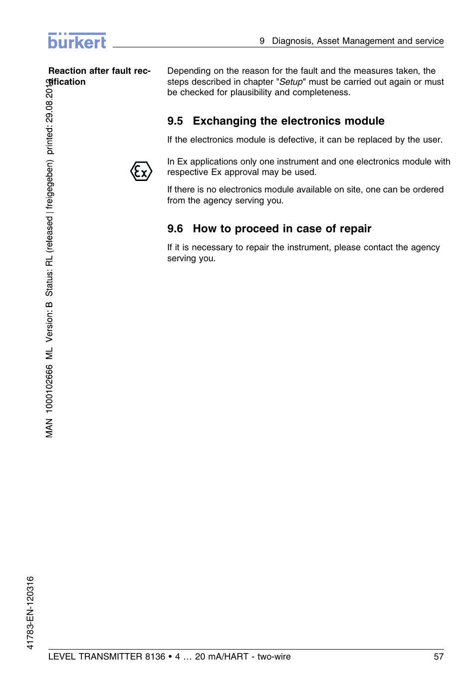5 exchanging the electronics module, 6 how to proceed in case of repair | Burkert Type 8136 User Manual | Page 57 / 232