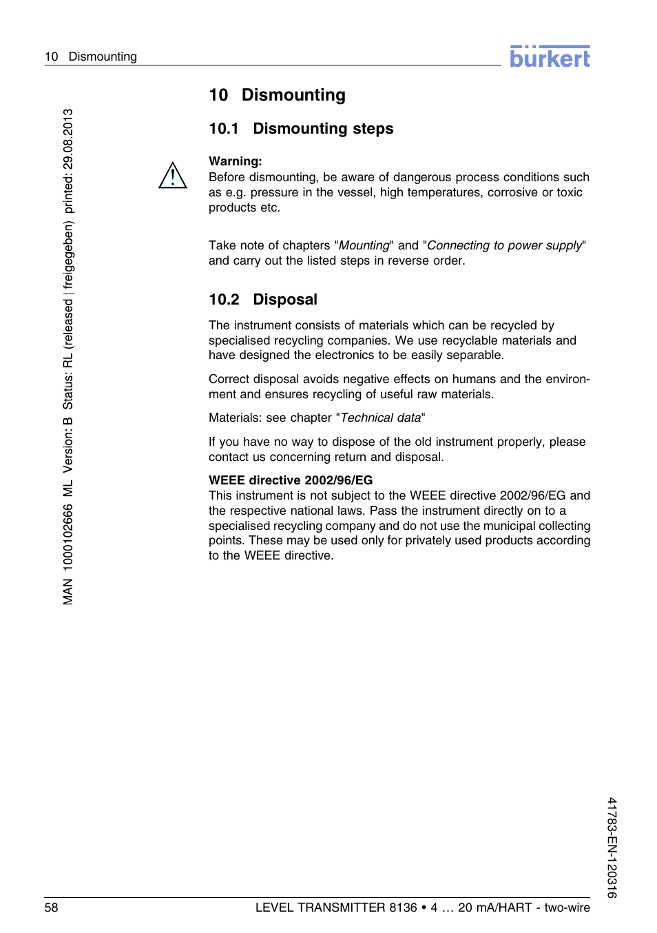10 dismounting, 1 dismounting steps, 2 disposal | Burkert Type 8136 User Manual | Page 58 / 232