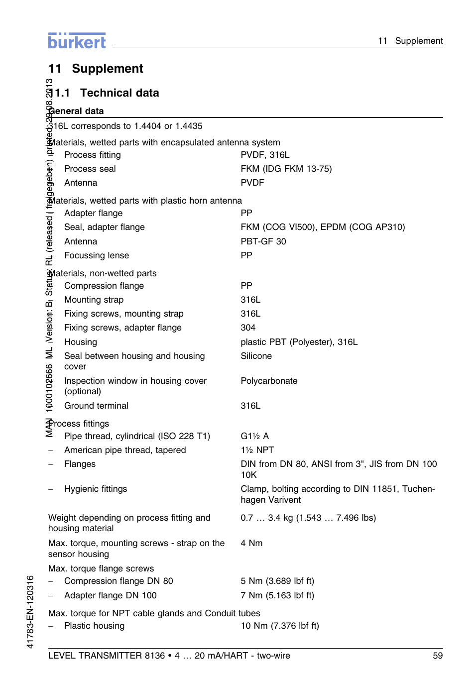 11 supplement, 1 technical data, 11 .1 technical data | Burkert Type 8136 User Manual | Page 59 / 232