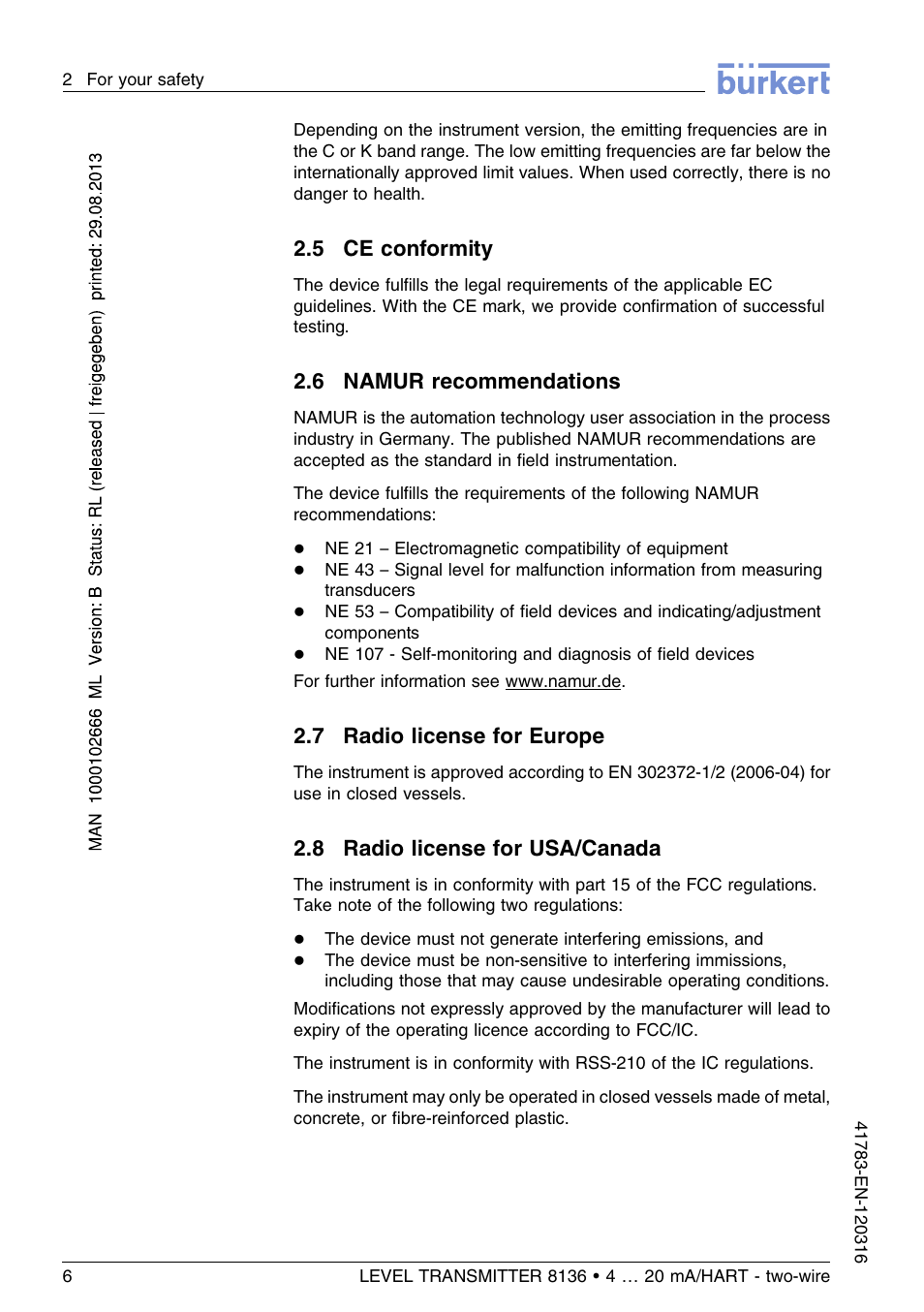 5 ce conformity, 6 namur recommendations, 7 radio license for europe | 8 radio license for usa/canada | Burkert Type 8136 User Manual | Page 6 / 232
