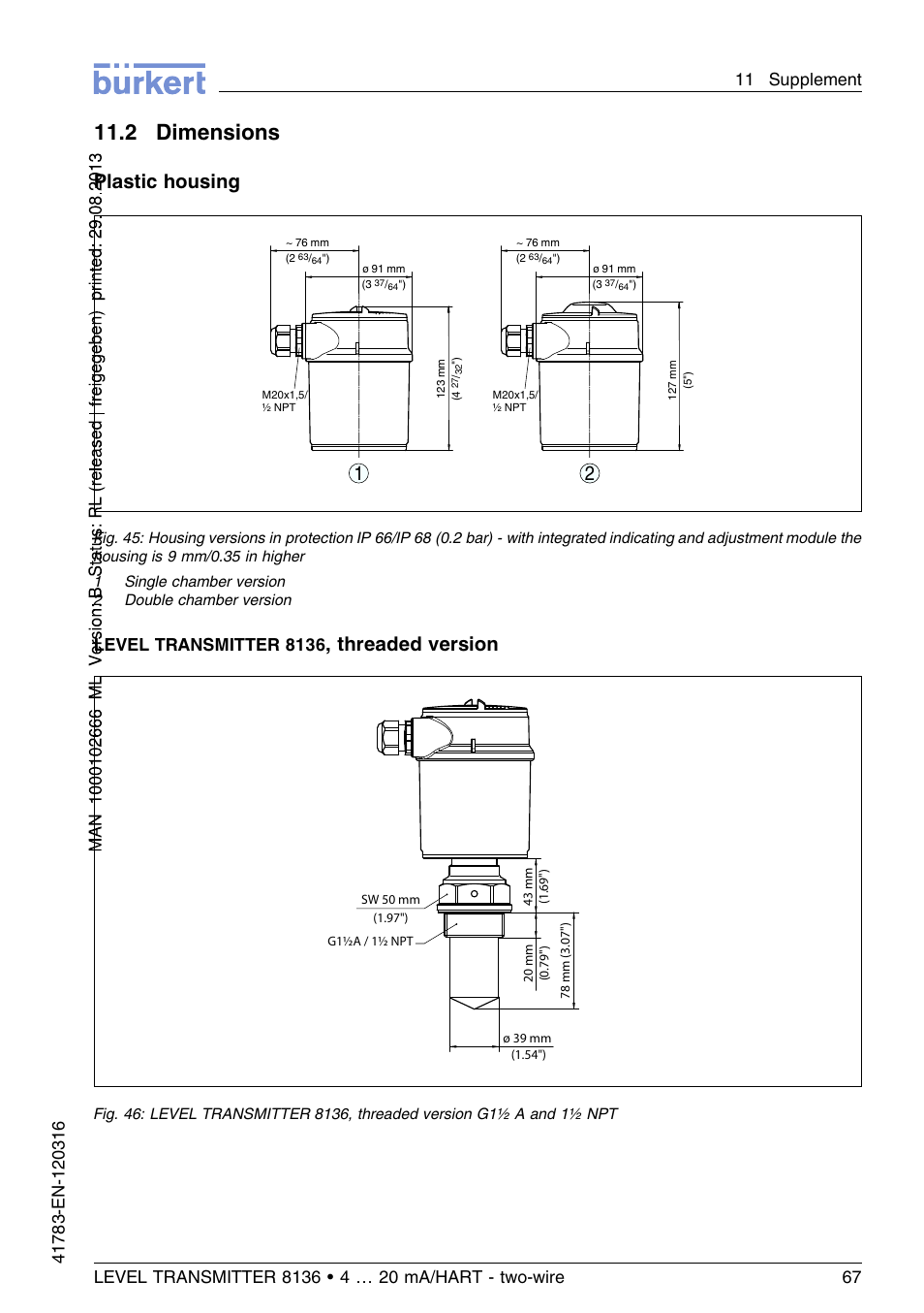 2 dimensions, 11 .2 dimensions, Plastic housing | Threaded version, Level transmitter 8136 | Burkert Type 8136 User Manual | Page 67 / 232