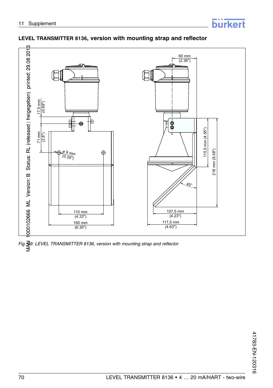Version with mounting strap and reﬂector, Level transmitter 8136 | Burkert Type 8136 User Manual | Page 70 / 232