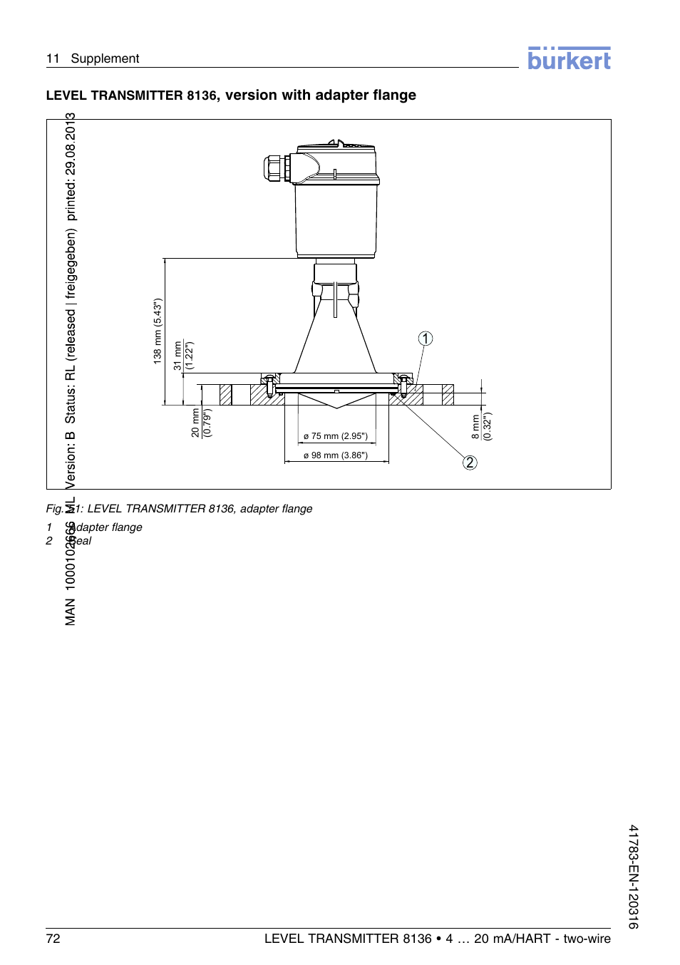 Version with adapter ﬂange 2 1 | Burkert Type 8136 User Manual | Page 72 / 232