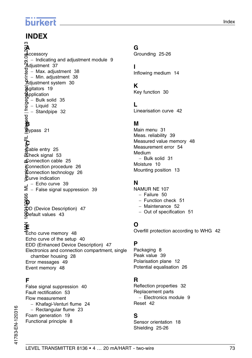 Index | Burkert Type 8136 User Manual | Page 73 / 232