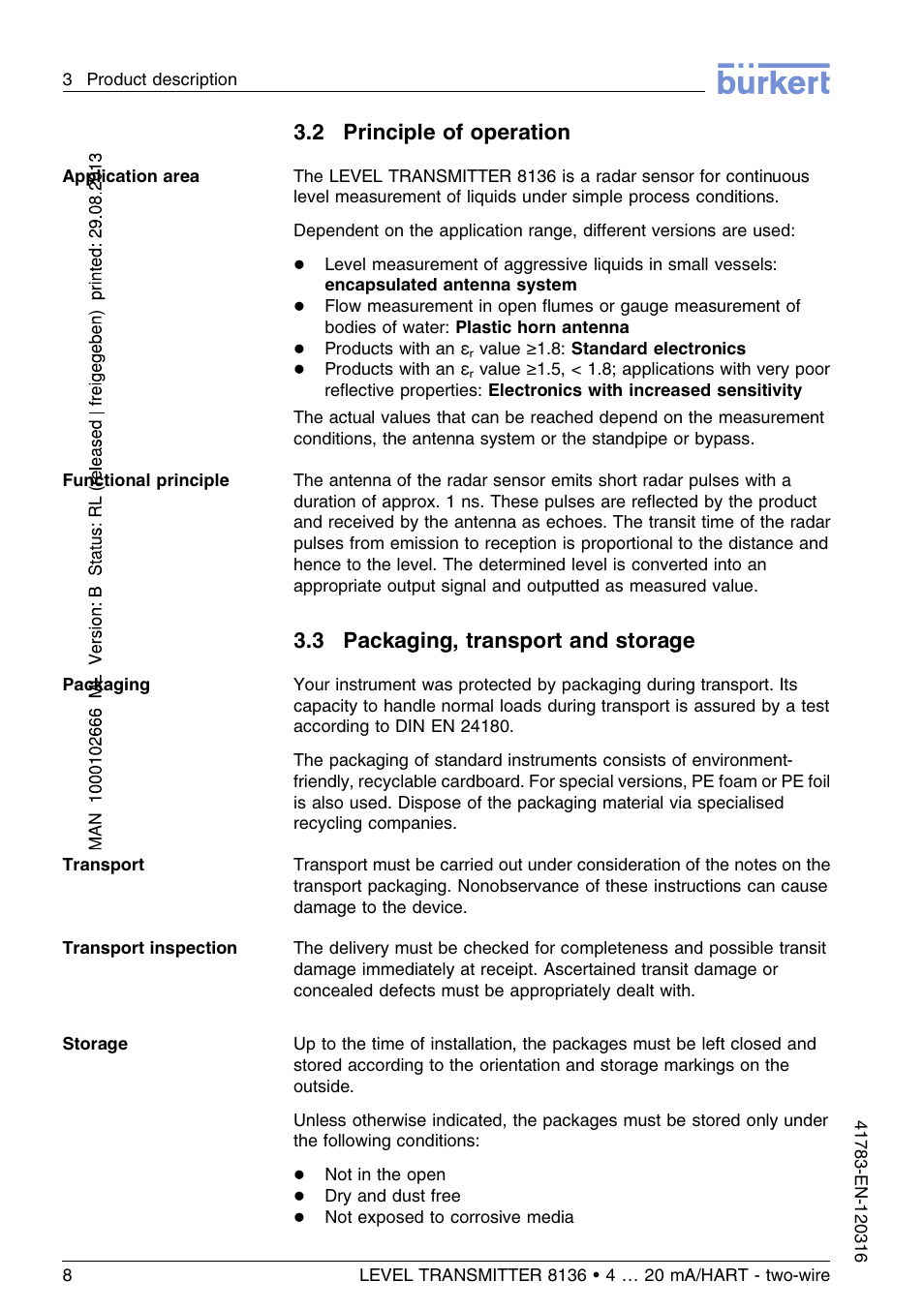 2 principle of operation, 3 packaging, transport and storage | Burkert Type 8136 User Manual | Page 8 / 232