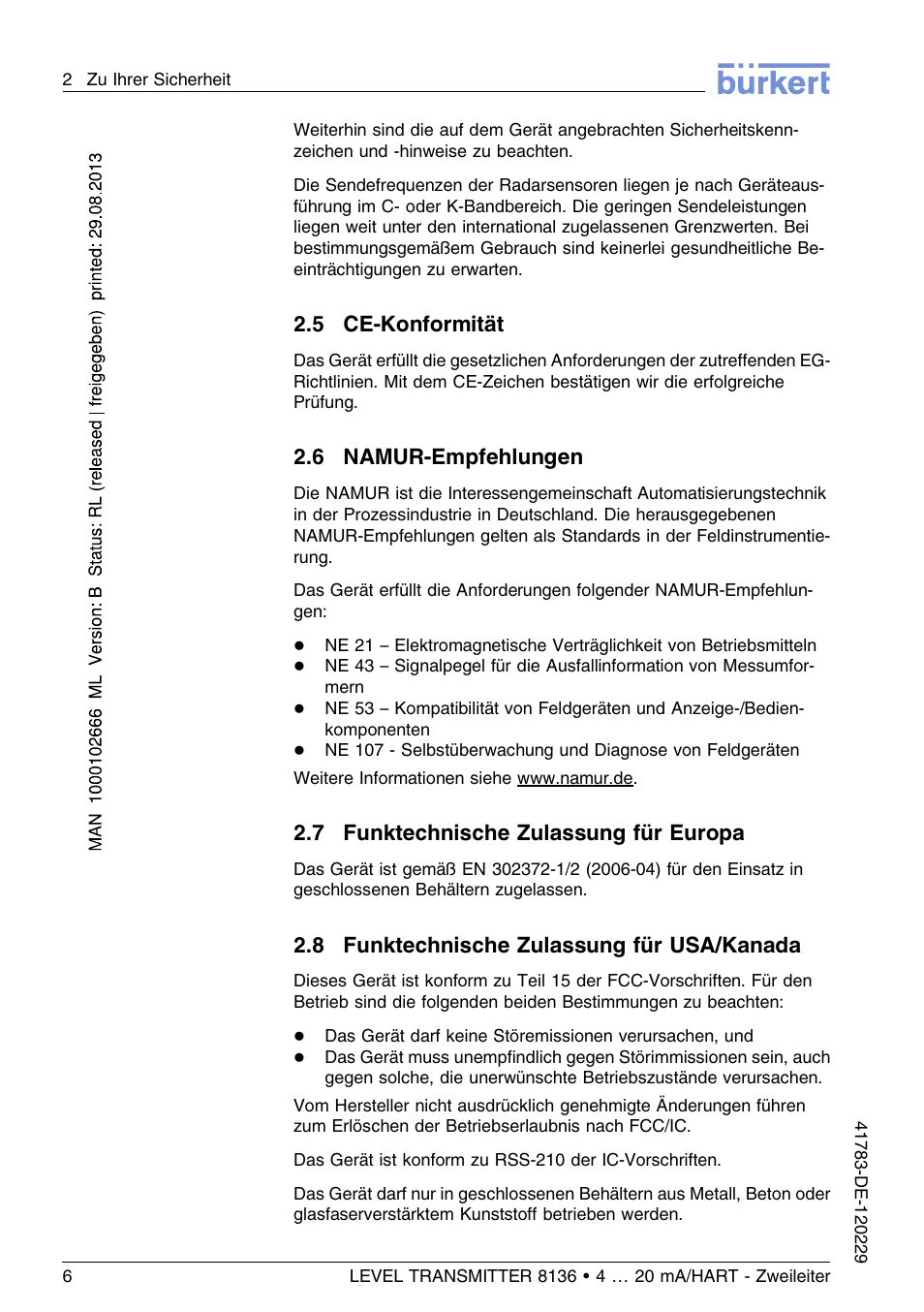 5 ce–konformität, 6 namur–empfehlungen, 7 funktechnische zulassung für europa | 8 funktechnische zulassung für usa/kanada, 5 ce-konformität, 6 namur-empfehlungen | Burkert Type 8136 User Manual | Page 82 / 232