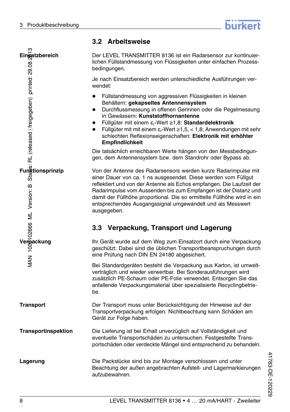 2 arbeitsweise, 3 verpackung, transport und lagerung | Burkert Type 8136 User Manual | Page 84 / 232