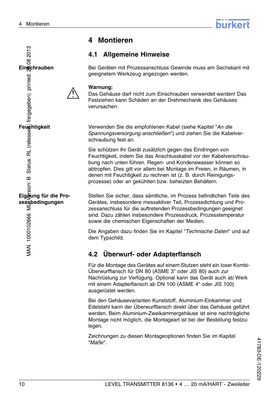 4 montieren, 1 allgemeine hinweise, 2 überwurf– oder adapterflansch | 4montieren | Burkert Type 8136 User Manual | Page 86 / 232