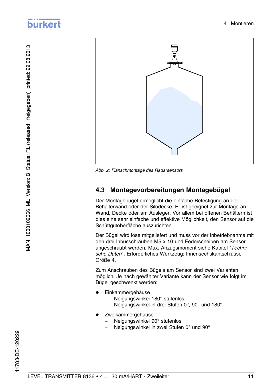 3 montagevorbereitungen montagebügel | Burkert Type 8136 User Manual | Page 87 / 232