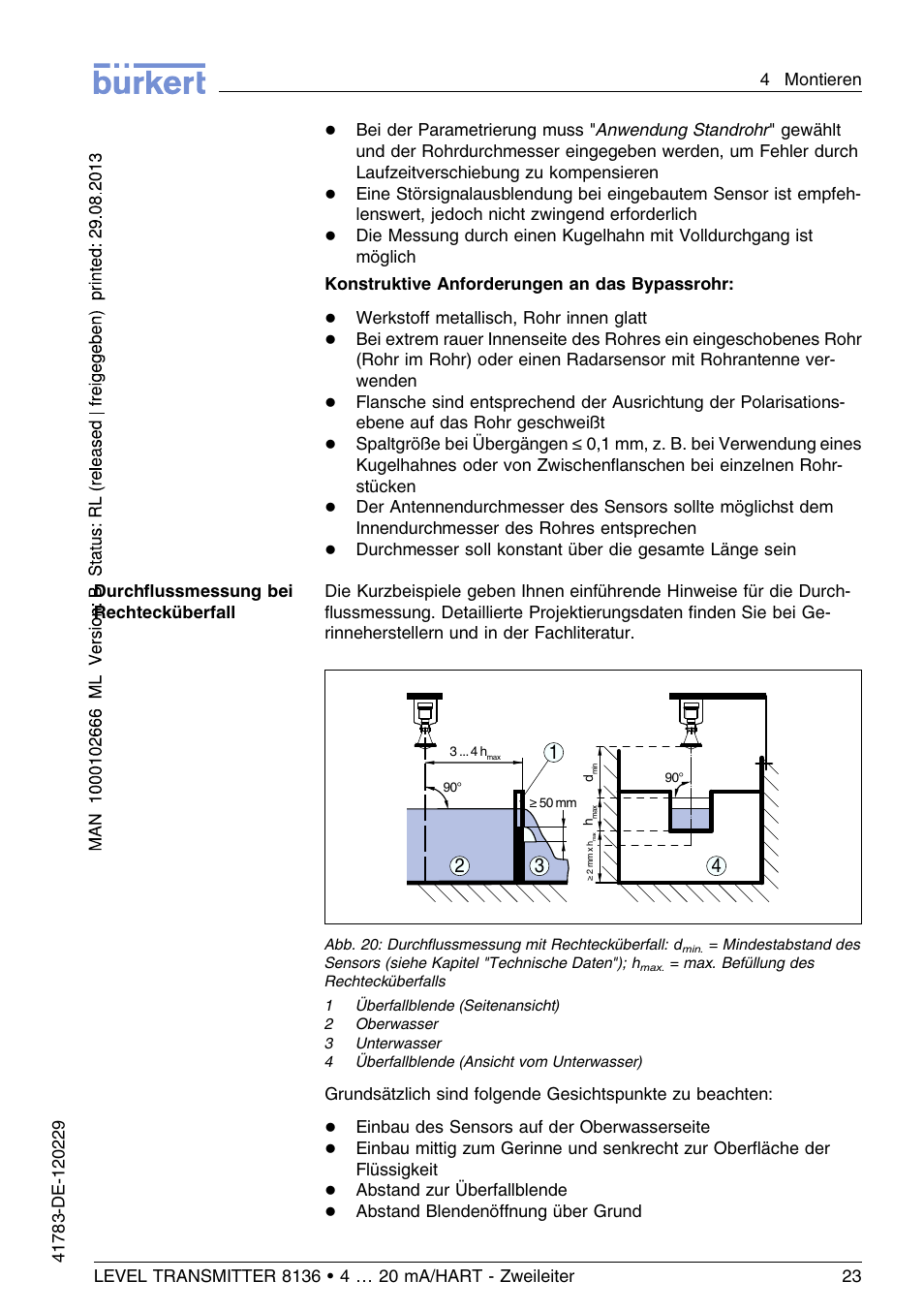 Werkstoﬀ metallisch, rohr innen glatt, Einbau des sensors auf der oberwasserseite, Abstand zur überfallblende | Burkert Type 8136 User Manual | Page 99 / 232
