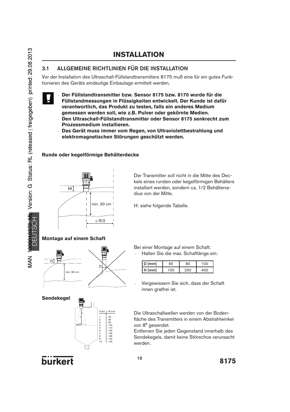8175 installation, De ut sch, 1 allgemeine richtlinien für die installation | Burkert Type 8175 User Manual | Page 10 / 204