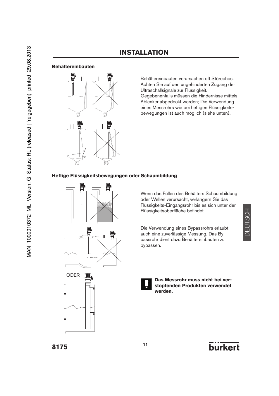 Installation, De ut sch | Burkert Type 8175 User Manual | Page 11 / 204