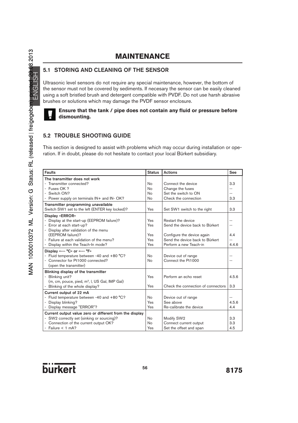 Maintenance, English, 1 storing and cleaning of the sensor | 2 trouble shooting guide | Burkert Type 8175 User Manual | Page 124 / 204