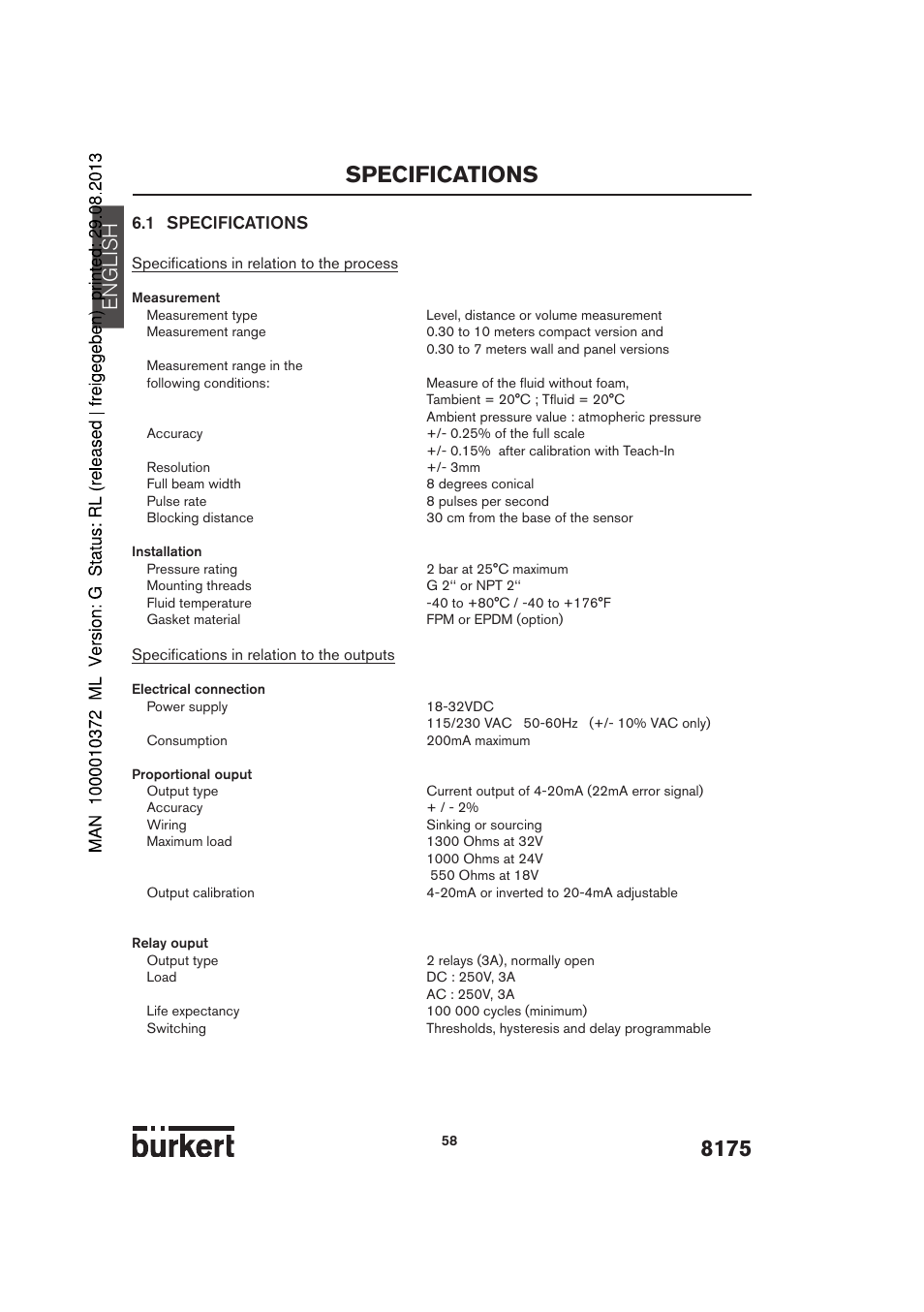 Specifications, English, 1 specifications | Burkert Type 8175 User Manual | Page 126 / 204