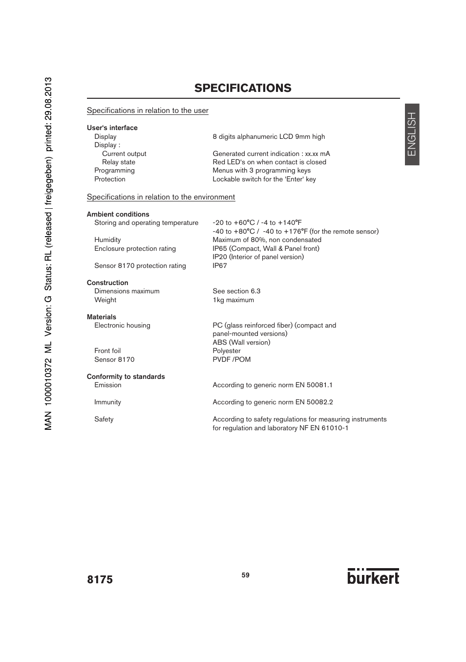 Specifications, English | Burkert Type 8175 User Manual | Page 127 / 204