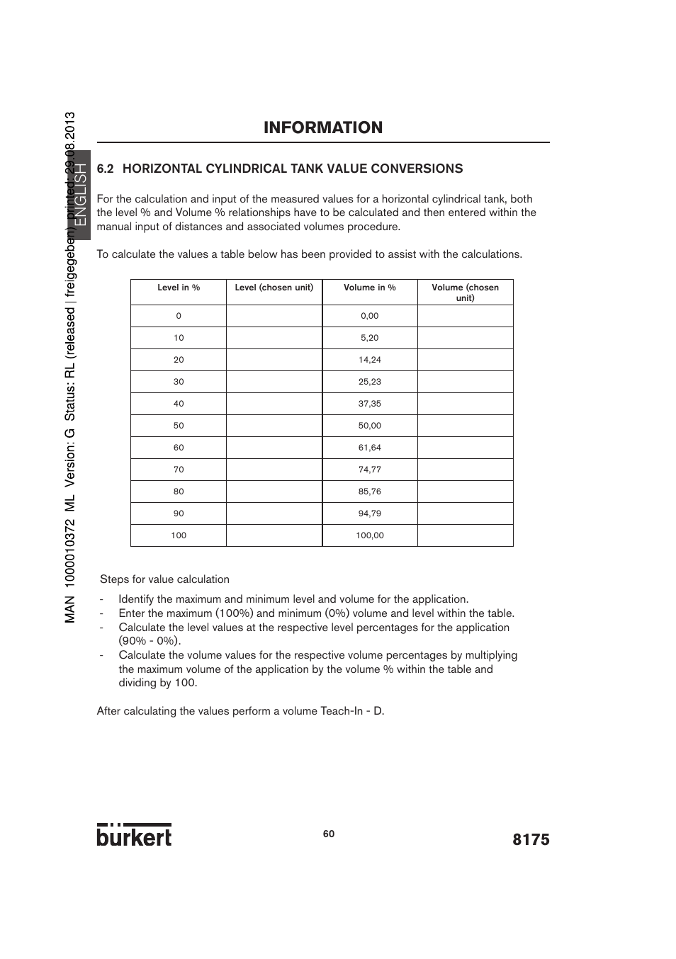 Information, English, 2 horizontal cylindrical tank value conversions | Burkert Type 8175 User Manual | Page 128 / 204