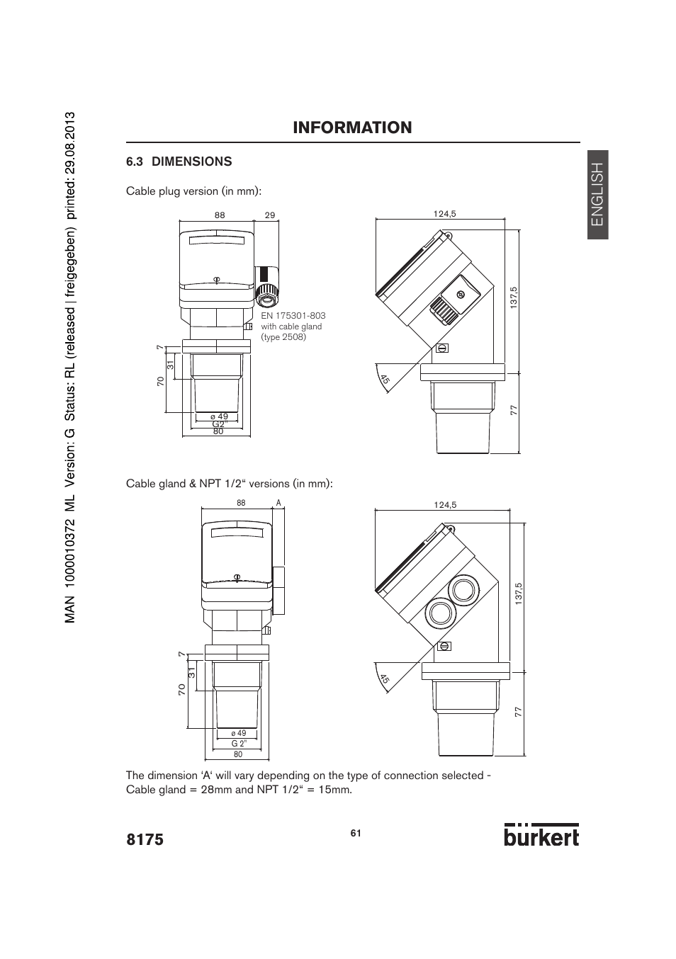 Information, English, 3 dimensions | Burkert Type 8175 User Manual | Page 129 / 204