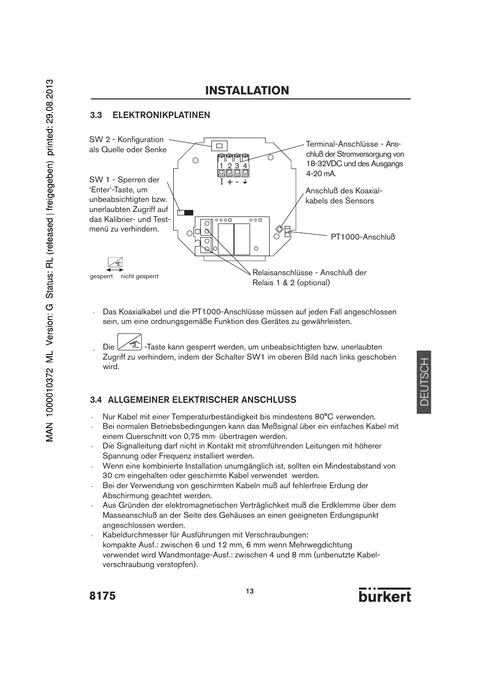 Installation, De ut sch | Burkert Type 8175 User Manual | Page 13 / 204