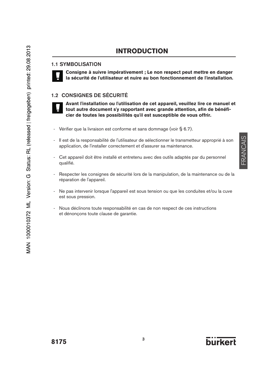 Introduction, Francais | Burkert Type 8175 User Manual | Page 139 / 204