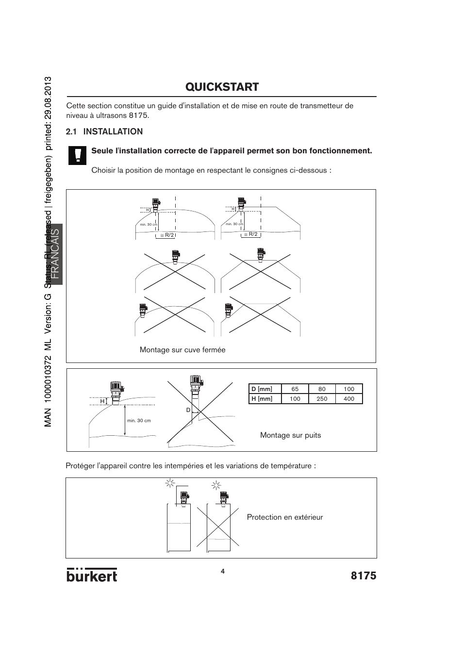 8175 quickstart, Francais, 1 installation | Burkert Type 8175 User Manual | Page 140 / 204