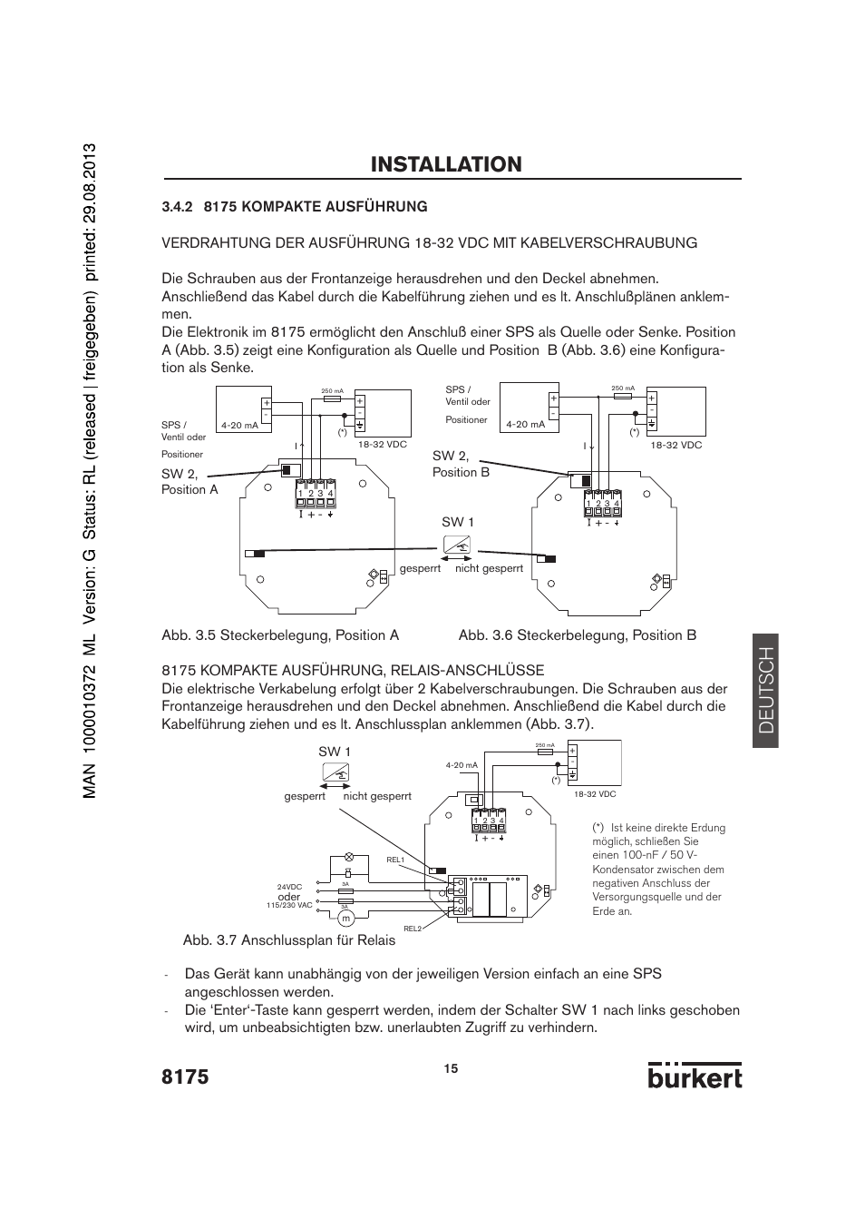 Installation, De ut sch, Abb. 3.7 anschlussplan für relais | Burkert Type 8175 User Manual | Page 15 / 204