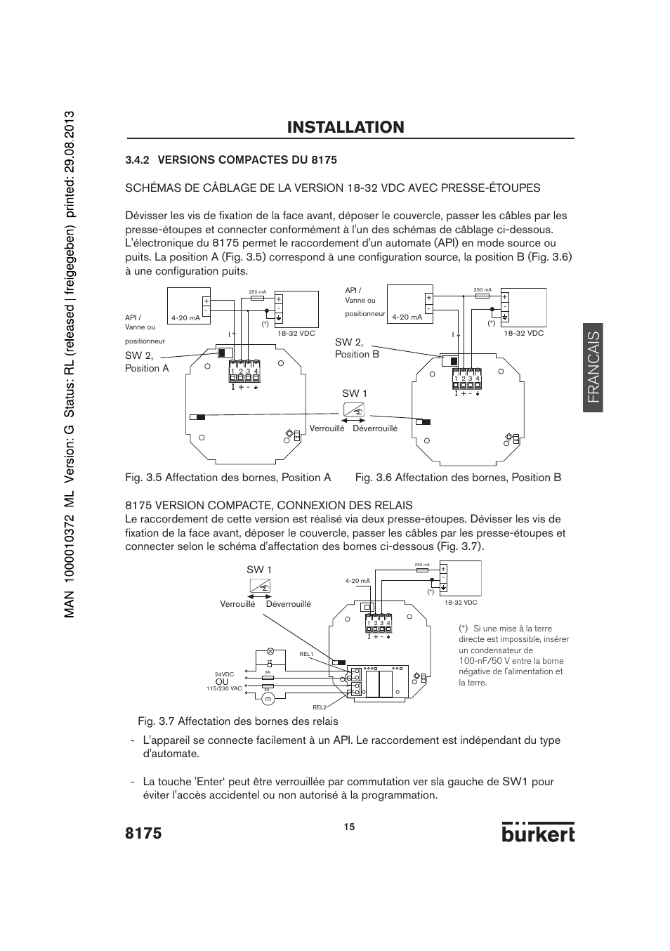 Installation, Francais, Fig. 3.7 affectation des bornes des relais | Burkert Type 8175 User Manual | Page 151 / 204
