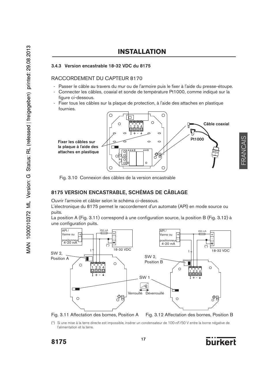 Installation, Francais, Raccordement du capteur 8170 | 8175 version encastrable, schémas de câblage | Burkert Type 8175 User Manual | Page 153 / 204