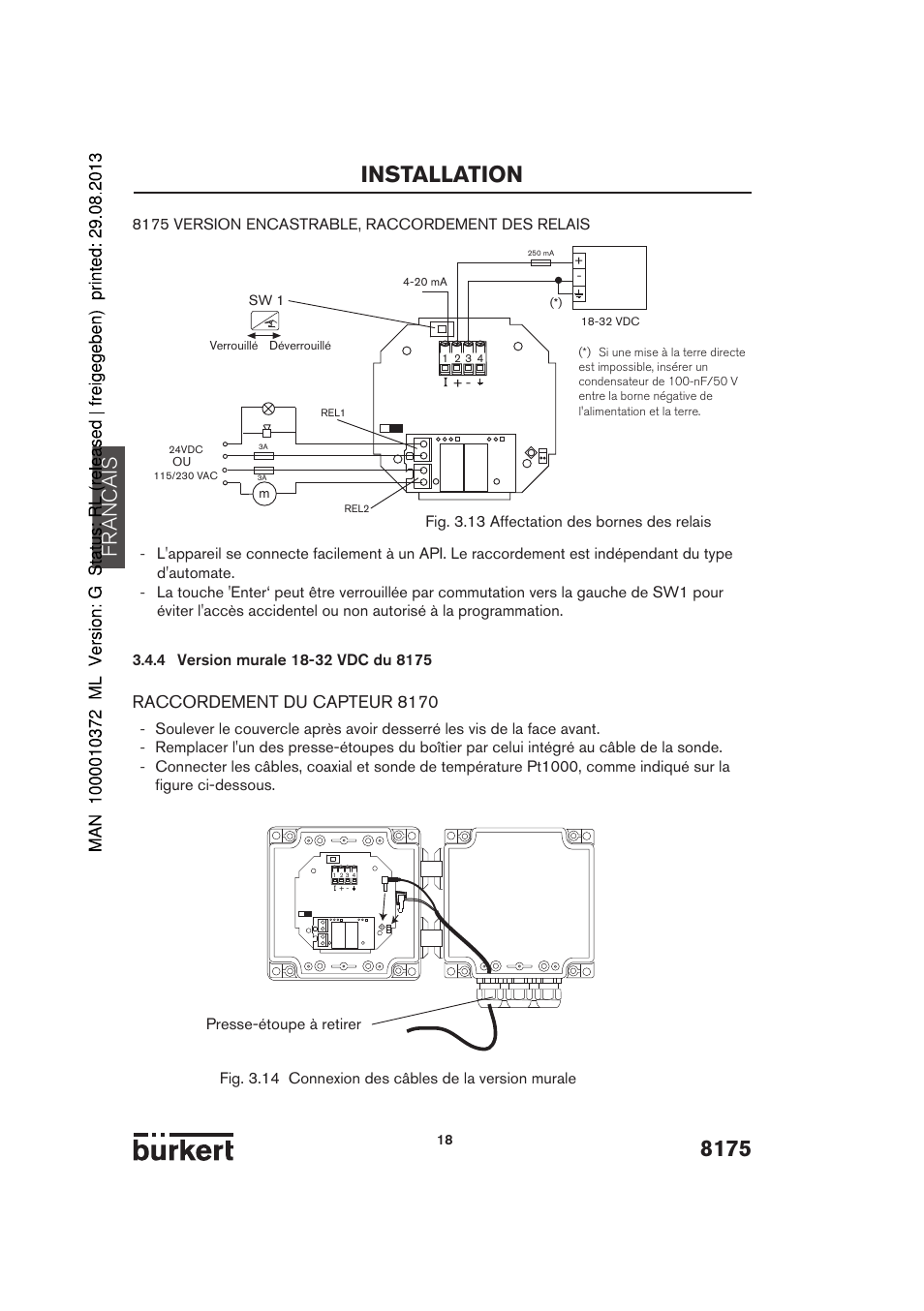 8175 installation, Francais, Raccordement du capteur 8170 | Burkert Type 8175 User Manual | Page 154 / 204
