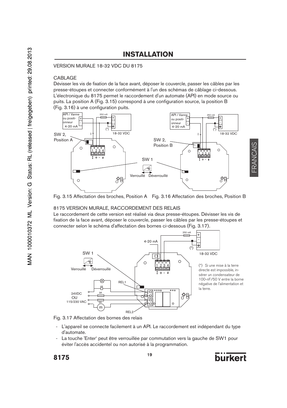 Installation, Francais, Fig. 3.17 affectation des bornes des relais | Burkert Type 8175 User Manual | Page 155 / 204