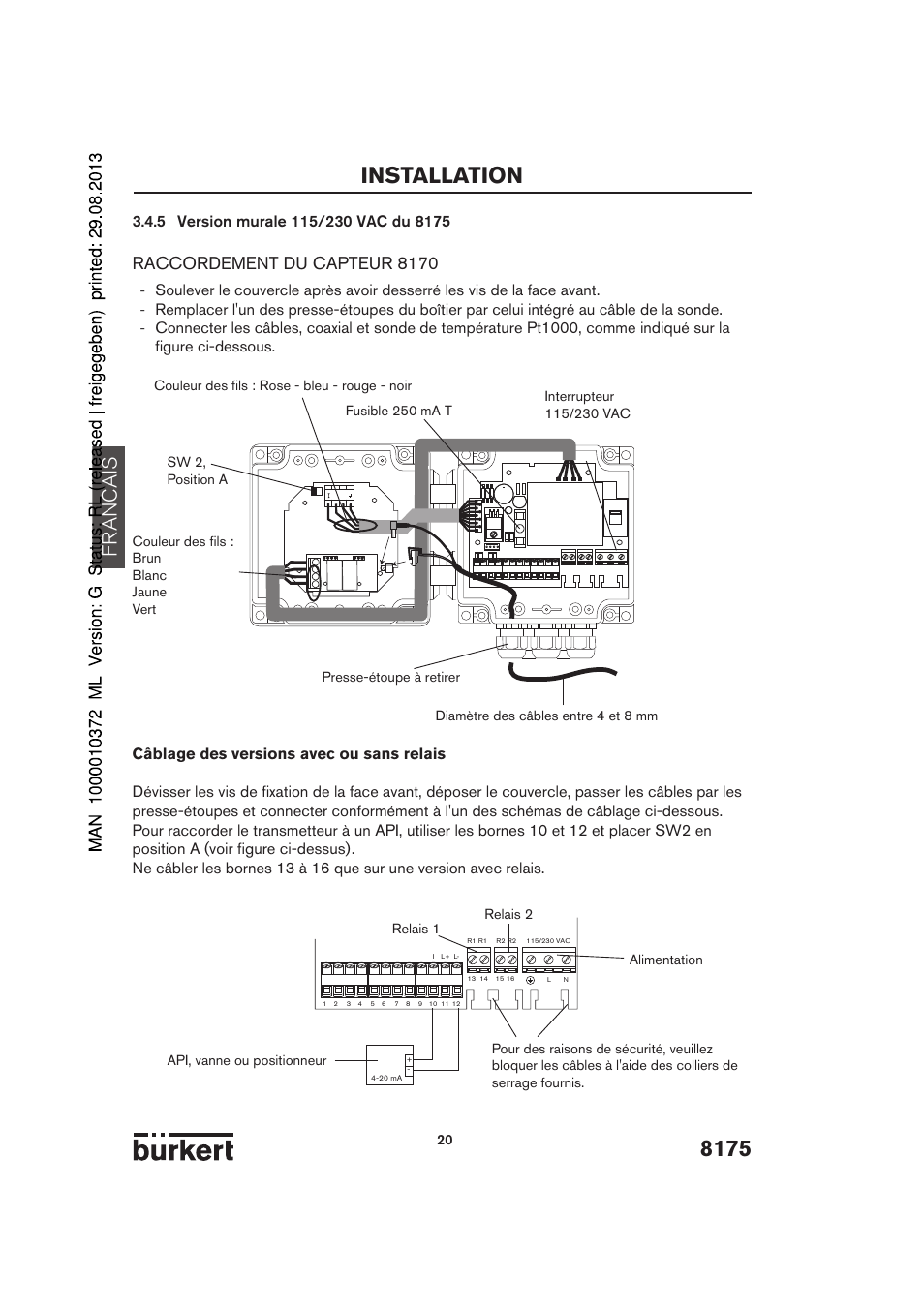 8175 installation, Francais, Raccordement du capteur 8170 | Burkert Type 8175 User Manual | Page 156 / 204