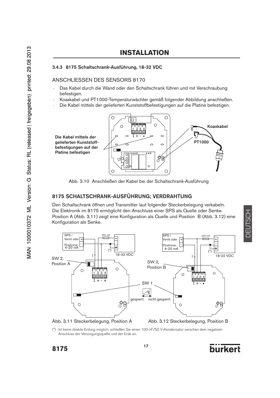 Installation, De ut sch, Anschliessen des sensors 8170 | 8175 schaltschrank-ausführung; verdrahtung | Burkert Type 8175 User Manual | Page 17 / 204