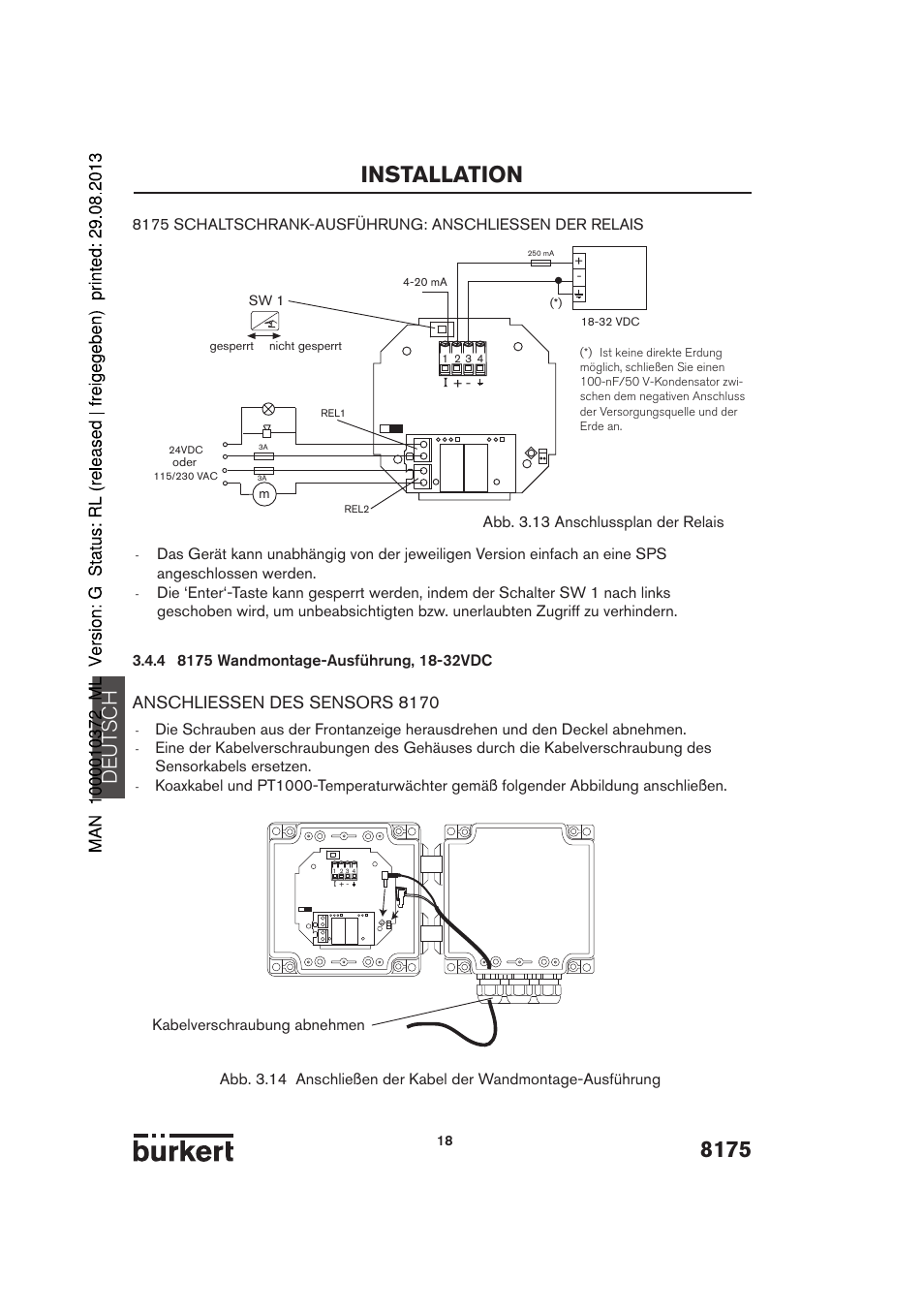 8175 installation, De ut sch, Anschliessen des sensors 8170 | Burkert Type 8175 User Manual | Page 18 / 204
