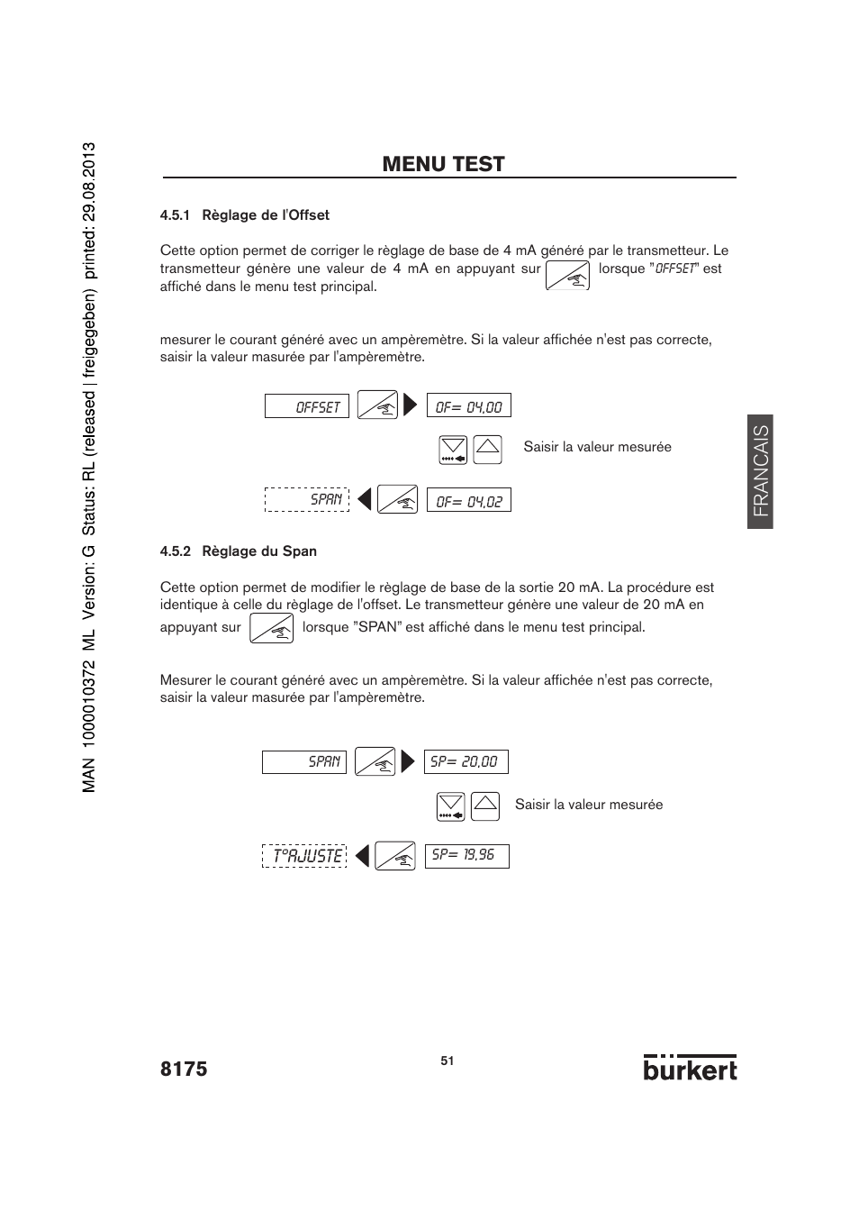 Menu test, Francais, T°ajuste | Burkert Type 8175 User Manual | Page 187 / 204