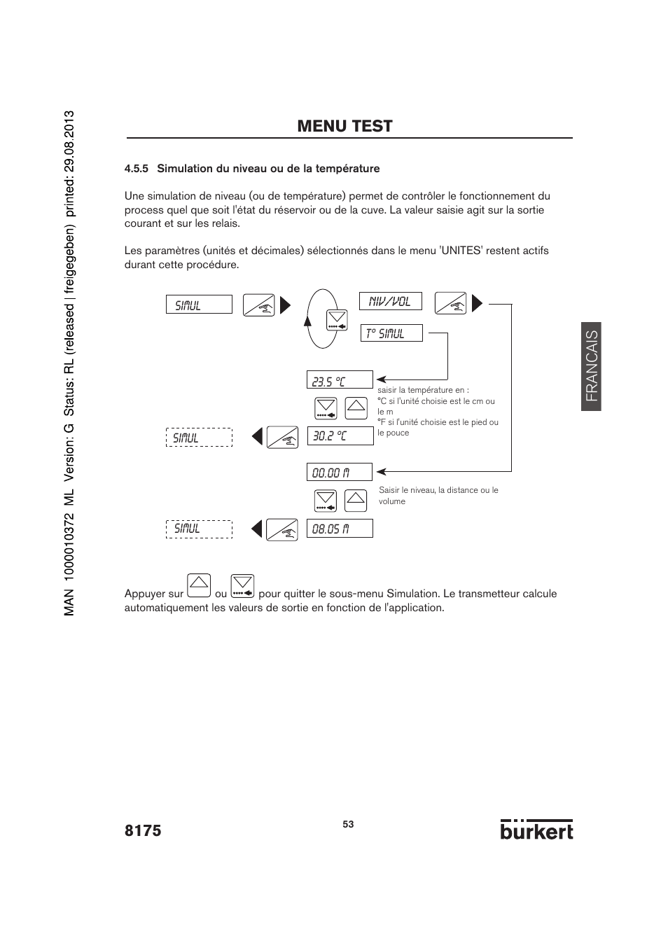 Menu test, Francais | Burkert Type 8175 User Manual | Page 189 / 204