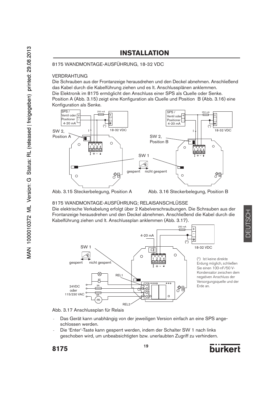 Installation, De ut sch, Abb. 3.17 anschlussplan für relais | Burkert Type 8175 User Manual | Page 19 / 204